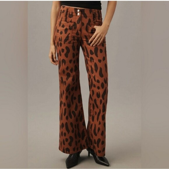 Maeve The Junie High-Rise Flare Stretchy Jeans Brown Motif Size 33 Animal Print - Picture 1 of 12